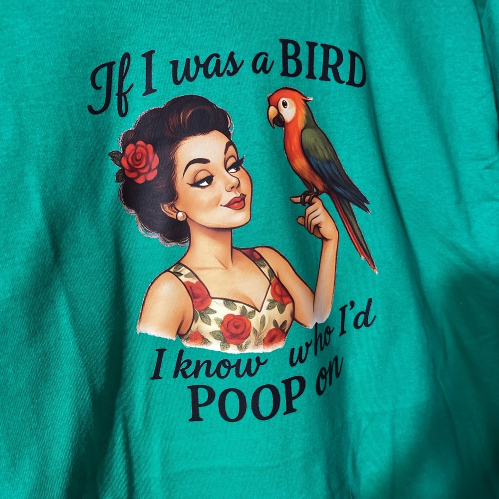 Gildan Green Tee with Retro Lady and Parrot Design